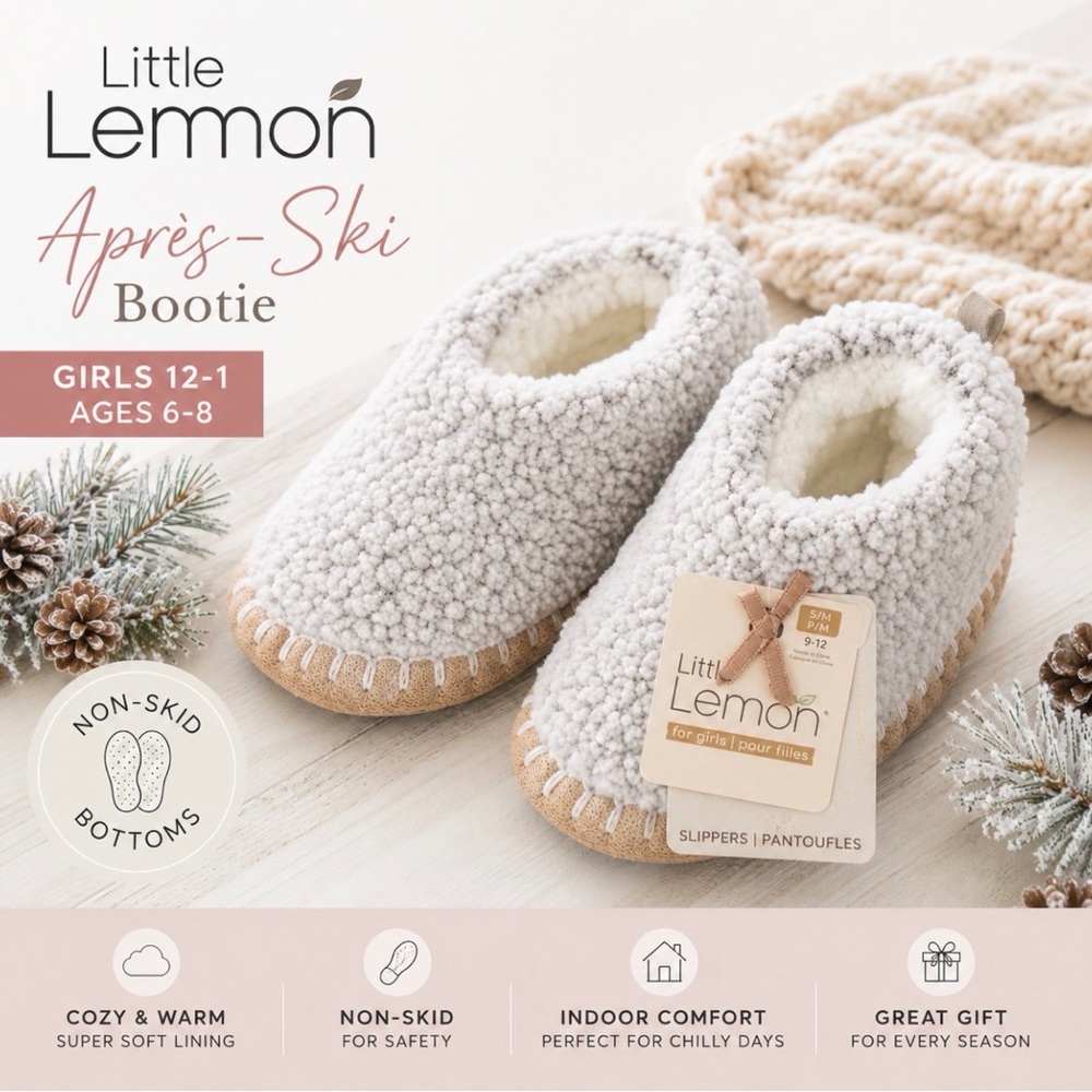 NWT Little Lemon Girls Apres Ski Bootie Slippers Gray 12-1 Non-Skid